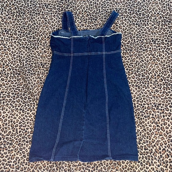 Vintage 90s Denim Dress Lace Trim Contrast Stitch 6 Small Stretchy Jean Mini - Picture 5 of 7